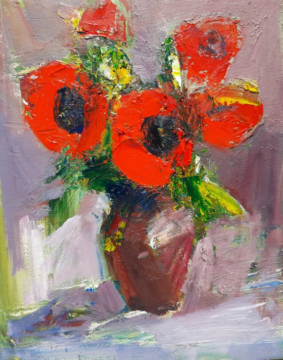 Red poppies (30x24cm, oil painting, palette knife)