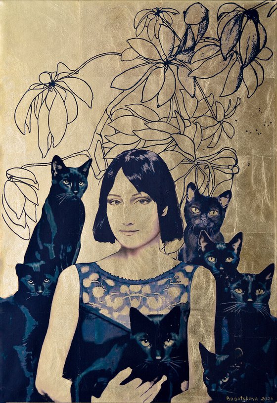 Contemporary printed portrait "Seven Black Cats"