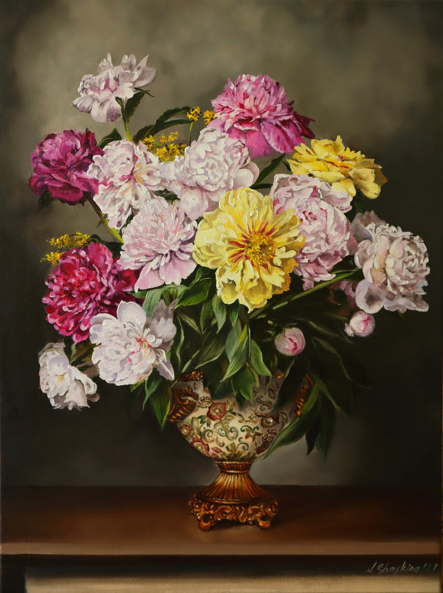 Impressionistic Botanical Oil Painting By Natalia Shaykina, 18 X 24", Peonies In Antique Vase, Original Artwork