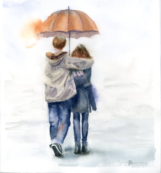 Couple under umbrella -  Original Watercolor Painting