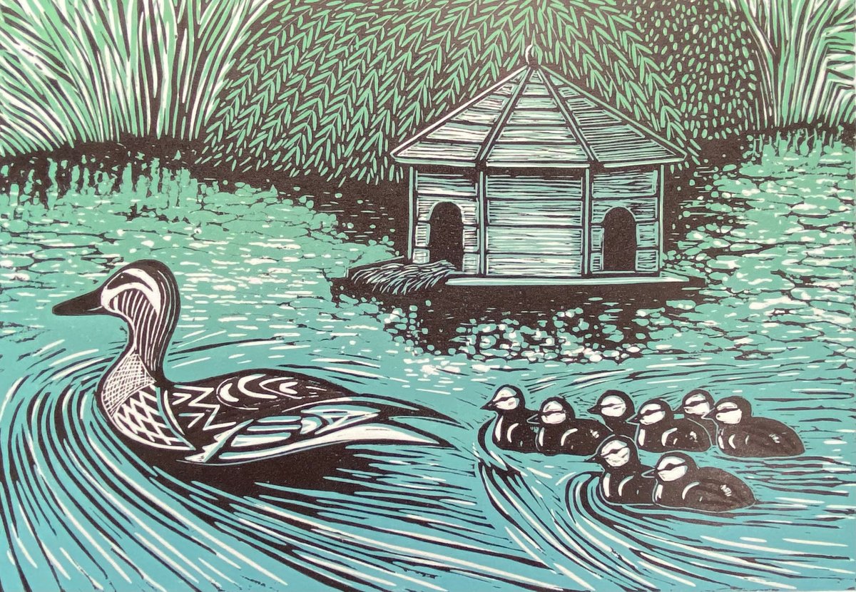 Limited edition handmade linocut. The Duck Pond 15/45. by Jane Dignum