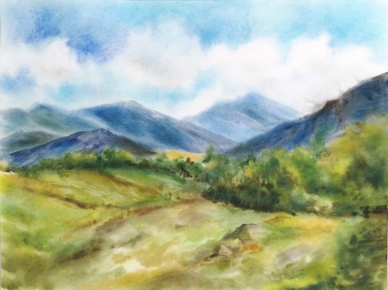 Mountain landscape. Summer landscape scenery. Watercolor landscape