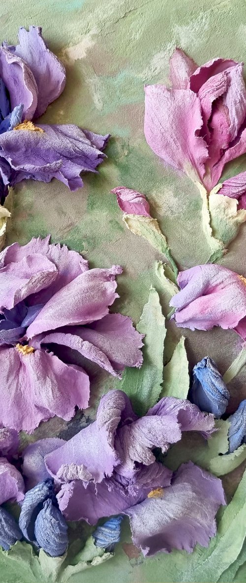 Fragile purple irises in the wind are delicate and elegant. A small floral botanical relief. 3d painting of spring flowers with ceramic petals. by Irina Stepanova