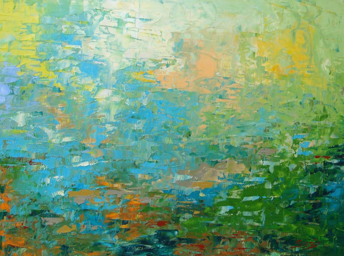 Abstract Landscape Oil Painting By Saroja Van Der Stegen, 17 X 13", Blue-Green (Ref#:1185-6F), Original Artwork