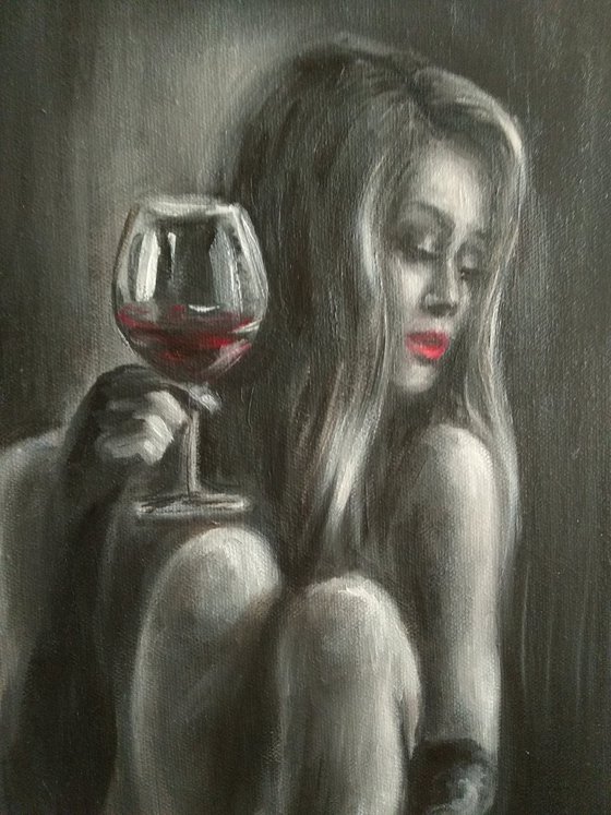 Monochrome Erotic Art Grisaille Portrait Naked Woman with Glass of Red Wine Beautiful Girl Black Art