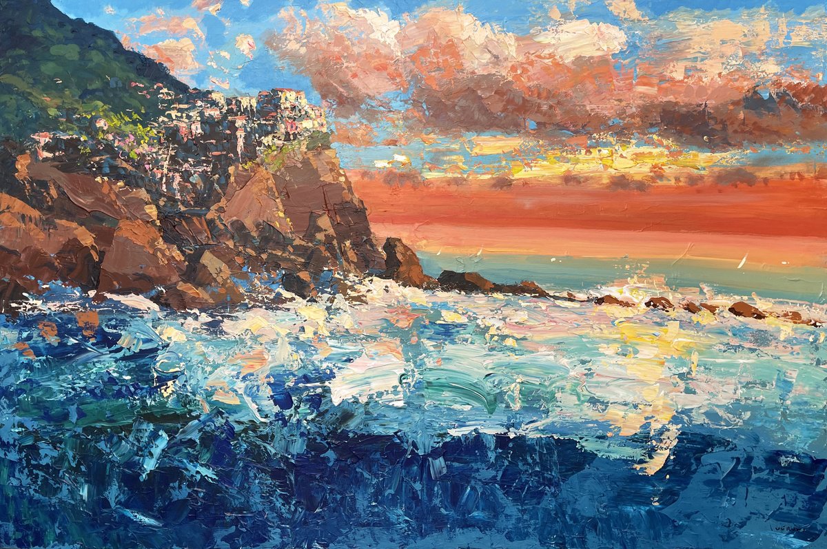 Impressionistic Landscape Oil Painting By Agostino Veroni, 60 X 40, Manarola - Cinque Terre, Original Artwork