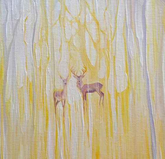 Elusive-2 - a large original oil on canvas of an autumn forest clearing with deer