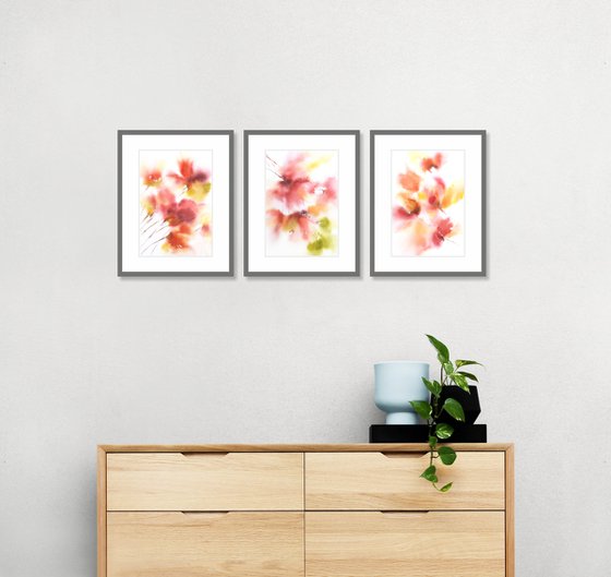 Red abstract flowers watercolor painting. Floral set of 3