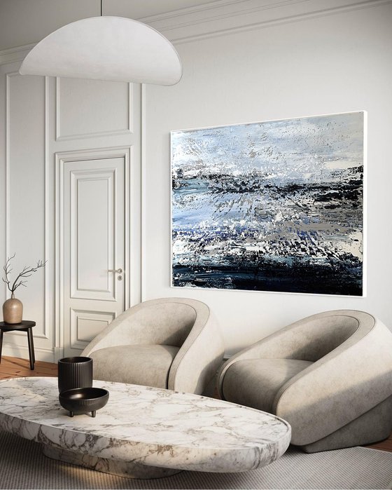 Navy Blue Landscape Gray White Abstract Art.