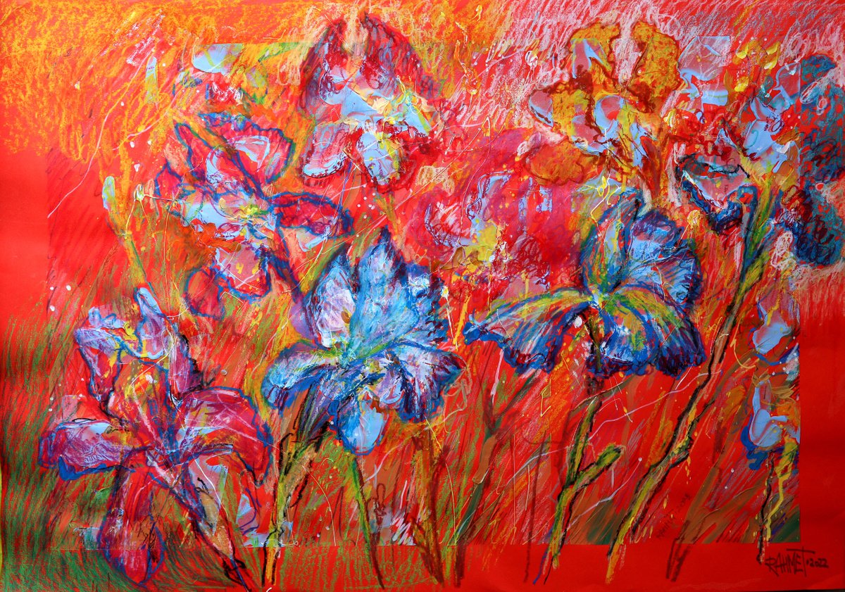 Impressionistic Botanical Acrylic Painting By Rakhmet Redzhepov, 34 X 24", Irises In The Garden., Original Artwork