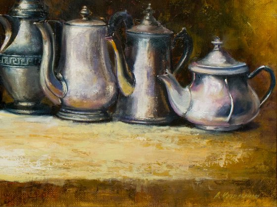 "Nosy team" still life teapots liGHt original painting  GIFT (2016)