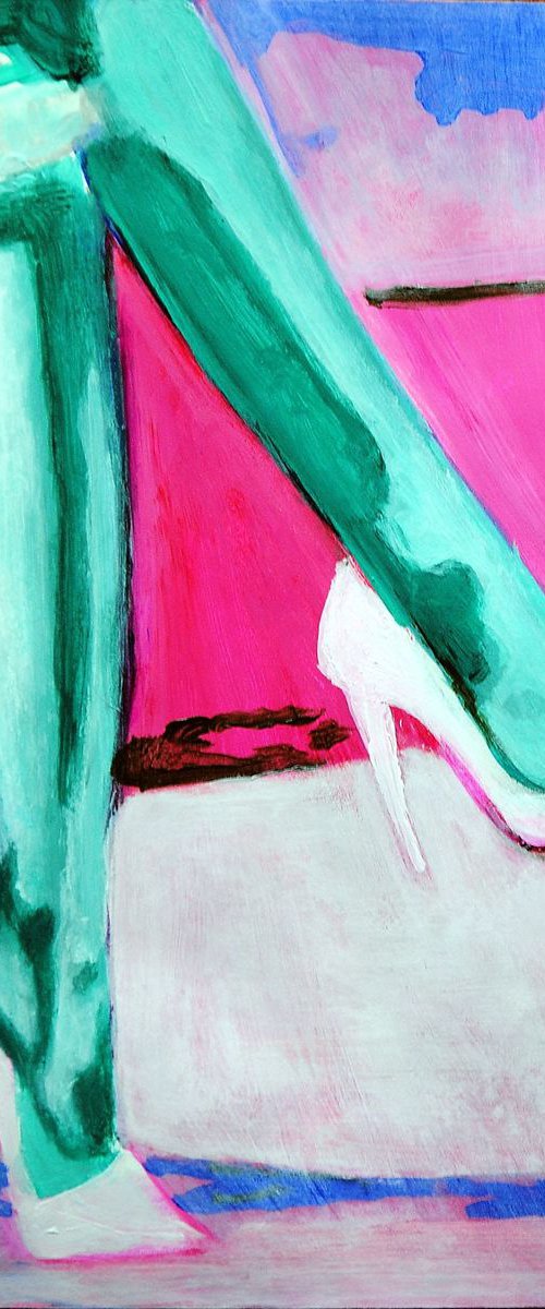 Women's legs in turquoise tights / 33 X 23.3 cm by Alexandra Djokic