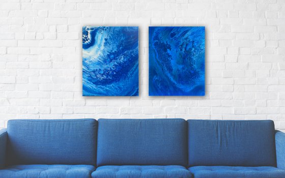 "I Got The Blues" - Save As A Series - Original PMS Abstract Diptych Fluid Acrylic Paintings On Canvas - 32" x 20"