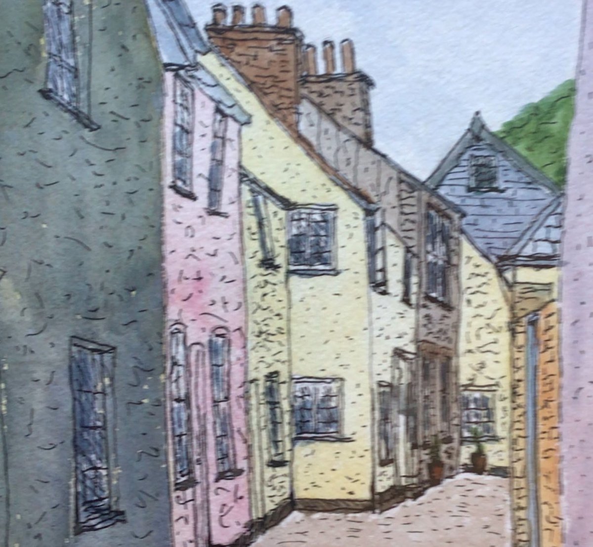 Cobbled Cornish Street in Boscastle. An original ink and watercolour.