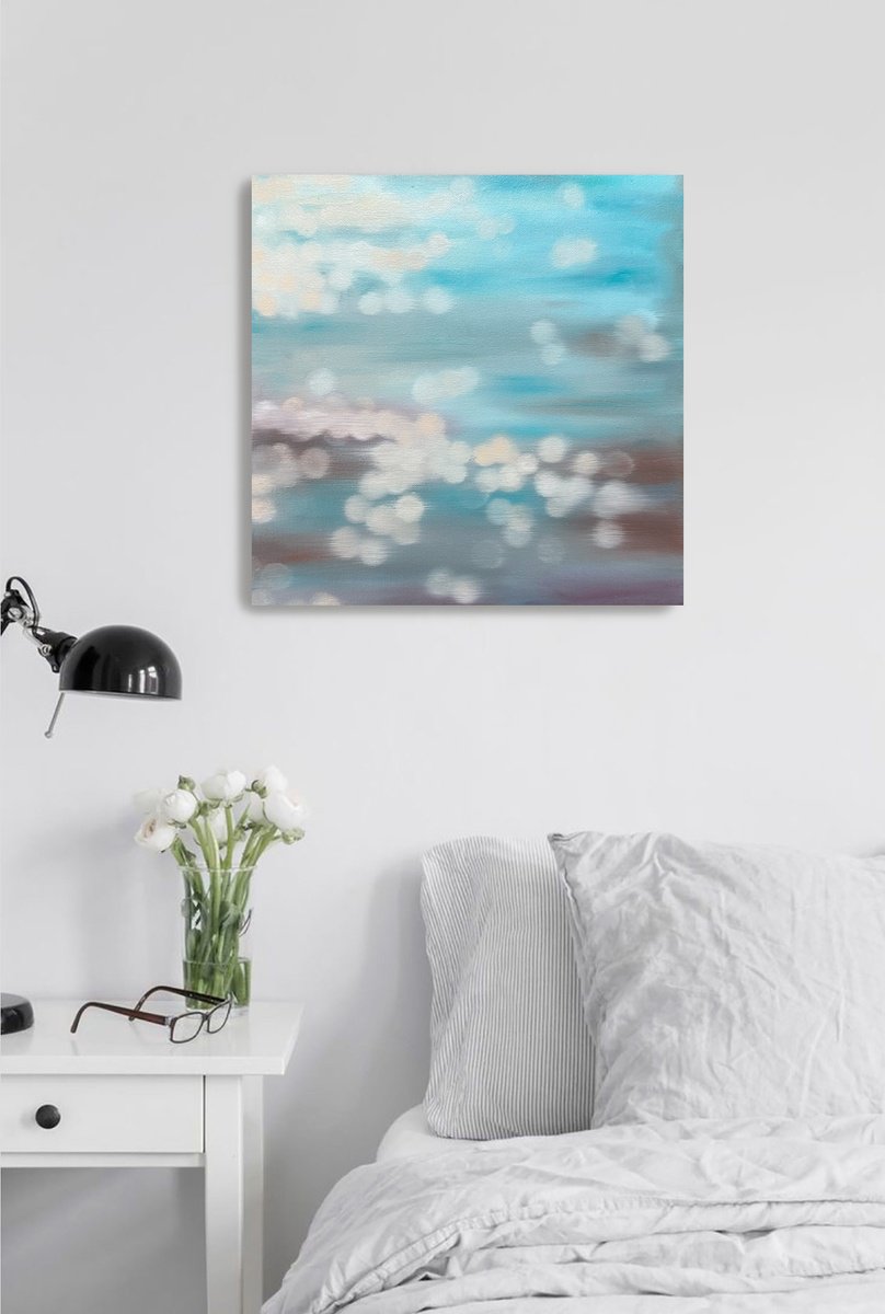 Abstract Landscape Oil Painting By Julia Shilo, 16 X 16", Bokeh Blur Water, Blue Light Reflection, Original Artwork