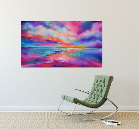 New Horizon 170 - 140x80 cm, Colourful Seascape, Sunset Painting, Impressionistic Colorful Painting, Large Modern Ready to Hang Abstract Landscape, Pink Sunset, Sunrise, Ocean Shore