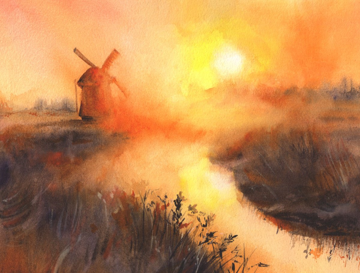 Impressionistic Watercolour , Windmill In The Mist By Maryna Boiko, 9 X 7, Artwork For Sale On Artfinder