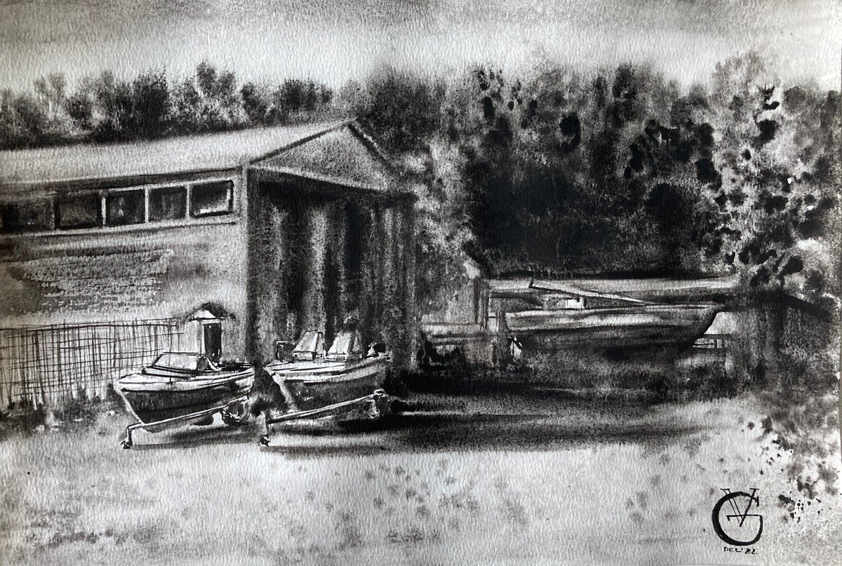 Impressionistic Landscape Watercolour By Valeria Golovenkina, 15 X 11", Boats On The Grass 11, Original Artwork