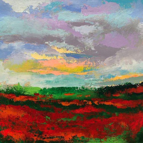 Red poppy garden before storm ! Impressionist Art ! Abstract landscape by Amita Dand