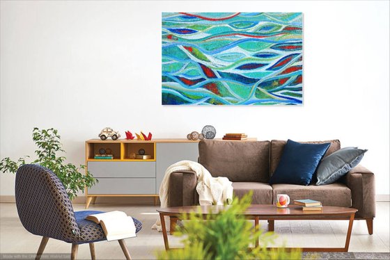 Large Abstract Landscape Original Painting on Canvas. Blue & Gold Abstraction. Modern Textured Art 2021