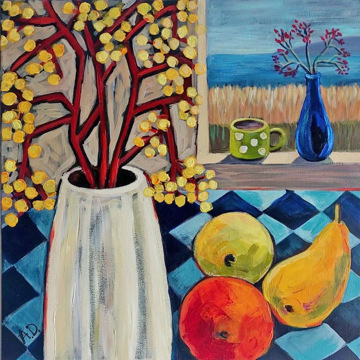 Organic Still Life Acrylic Painting By Angelina Doseva, 16 X 16, Still Life With White Pot, Original Artwork