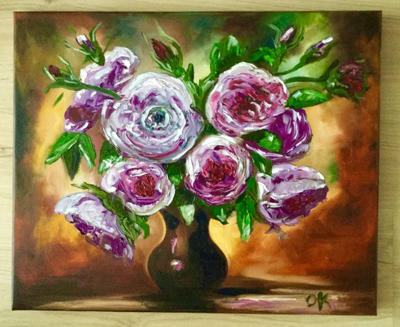 BOUQUET OF PURPLE ROSES palette knife modern red pink purple  still life  flowers Dutch style office home decor gift