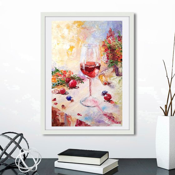 Wine Painting Original Art Fruit Wall Art Small Artwork Flower Still Life