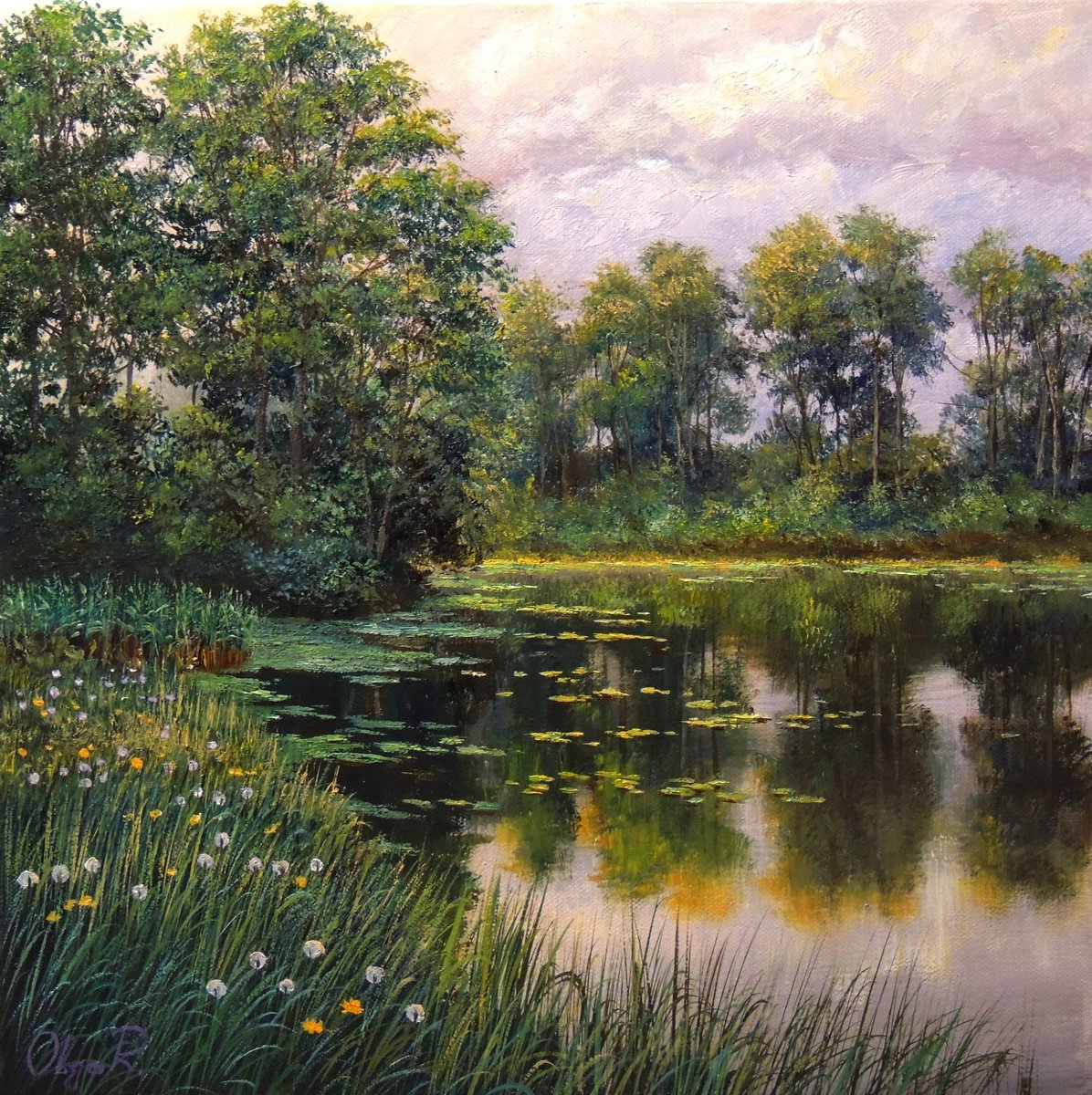 Photorealistic Landscape Oil Painting By Olga Riabchuk, 16 X 16", Legend Of The Lake, Original Artwork