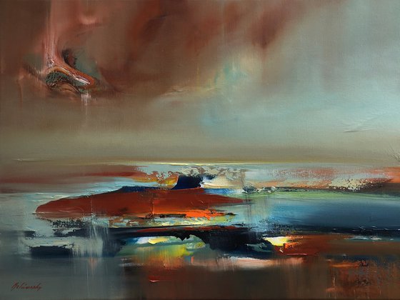 Turning Point - 60 x 80 cm abstract landscape oil painting in brown and blue