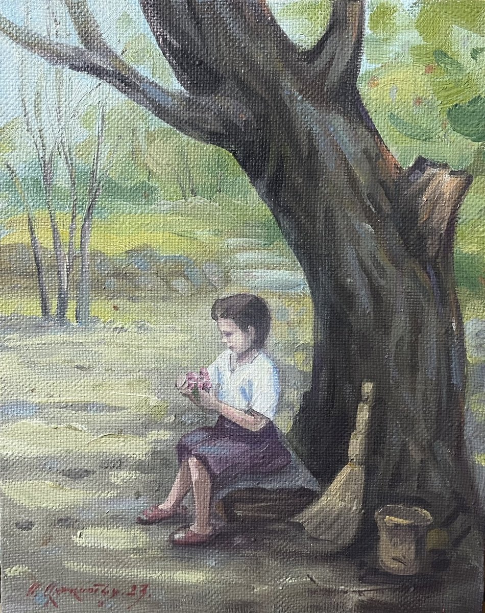 Impressionistic Cityscapes Oil Painting By Samvel Atasunc, 9 X 12", The Little Gardener, Original Artwork