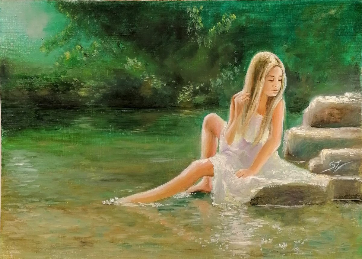 Impressionistic Landscape Oil Painting By Susana Z. Harris, 14 X 10", Girl On The River, Original Artwork