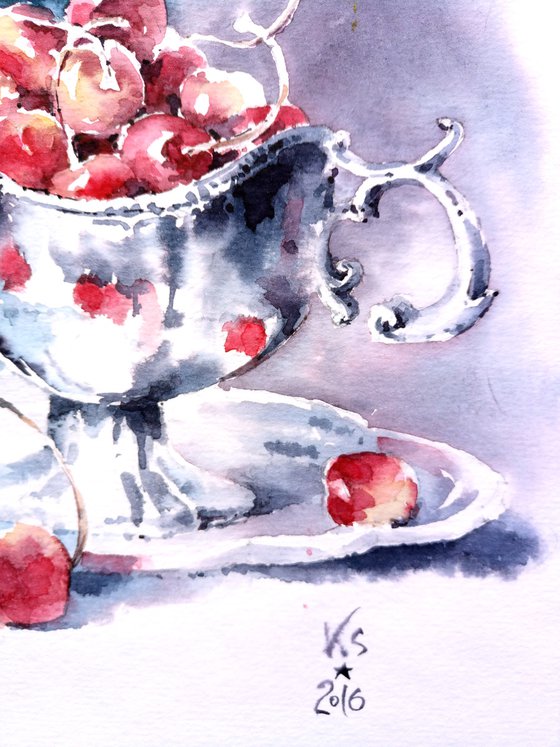 "Still life with cherries and silver antiques" original watercolor artwork