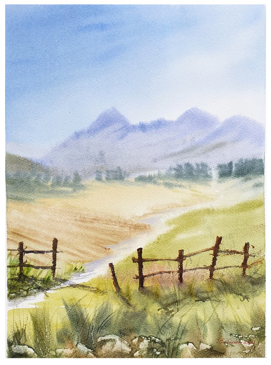 Impressionistic Landscape Watercolour By Yulia Schuster, 11 X 15", September Road, Original Artwork