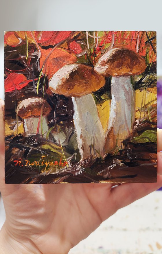 Mushrooms red painting original oil small framed art, artwork Orange-cap boletus Mushroom gift cute little painting