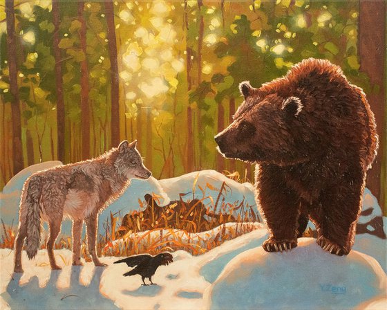 Encounter brown bear and grey wolf