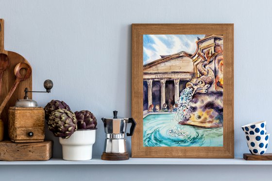 Fountain at the Pantheon - italian cityscape original watercolor