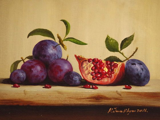Still Life with Plums, Fruits, Pomegranate, Original oil Painting, Classic Art, Handmade painting, signed