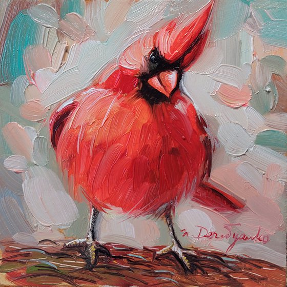 Cardinal red bird oil painting original 4x4 framed artwork, Bird small frame art wall decor hanging mini oil painting, Cute little painting