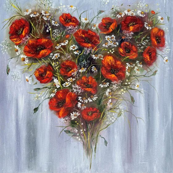 Passionate Kiss: Heart of Poppies and Daisies