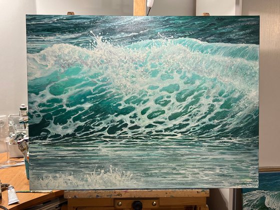 "White lace" - Ocean waves oil painting