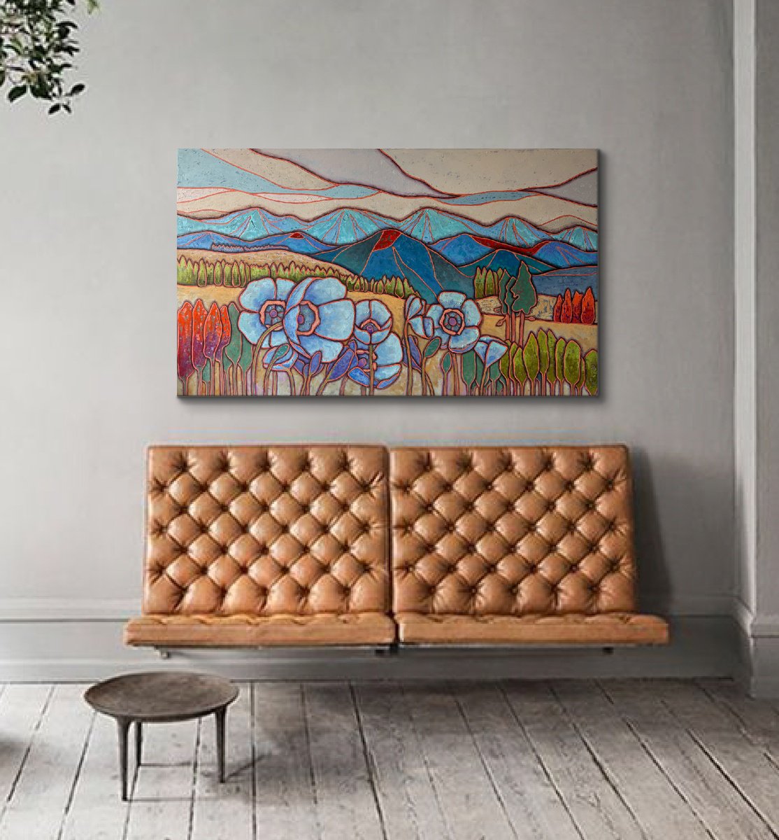 Abstract Landscape Oil Painting By Mary Voloshyna, 47 X 28", Blue Poppies In The Mountains, Original Artwork
