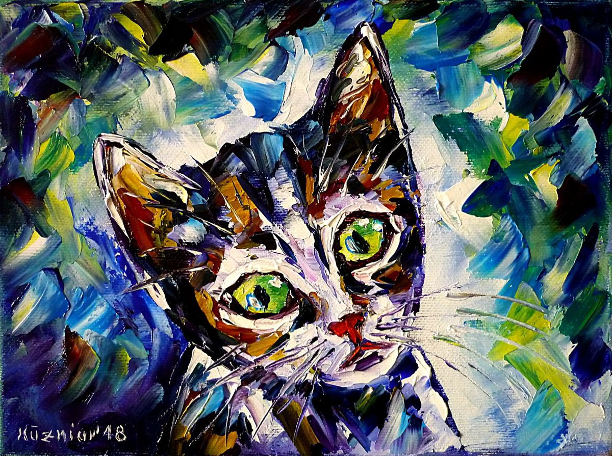 Expressive Animal Oil Painting By Mirek Kuzniar, 9 X 7", Cute Kitten, Original Artwork