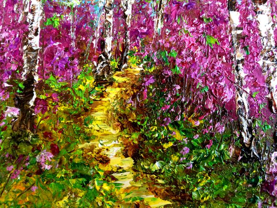 ALONE WITH NATURE - Blooming forest. Blooming shrubs. Pink labrador. Path. Thicket. Summer day. Birch.