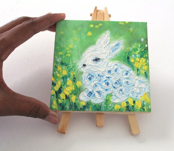 Life is beautiful - Oil painting on a mini canvas - textured artwork - table decor gift - palette knife painting - Easter - special bunny - cute rabbit - animal art - nursery decor - kids room decor