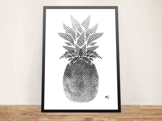 Pineapple, Black and White, Framed Artwork, 16 x20 inches,