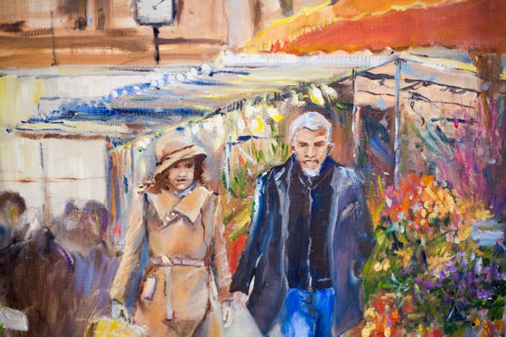 Market in Montmartre. Parisian series. Original oil painting. City landscape street view typical scene. Medium size painting