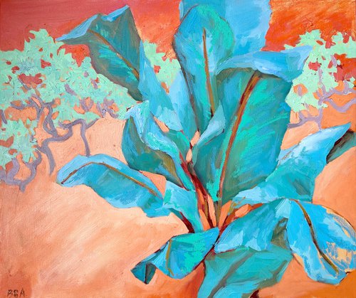 Blue leaves orange landscape. by Anna Bogushevskaya