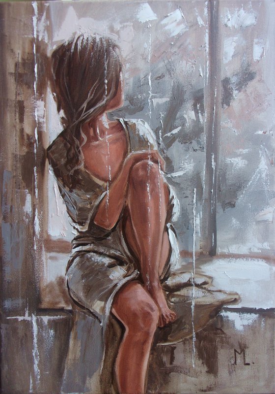 " LOOKING AT THE PAST "   street winter window original painting CITY palette knife GIFT