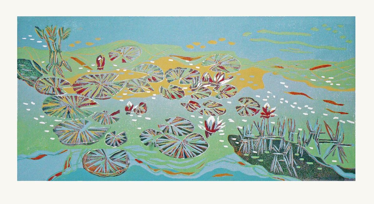 Abstract Landscape Linocut By Angela Maher, 14 X 8, Still Waters, Original Artwork