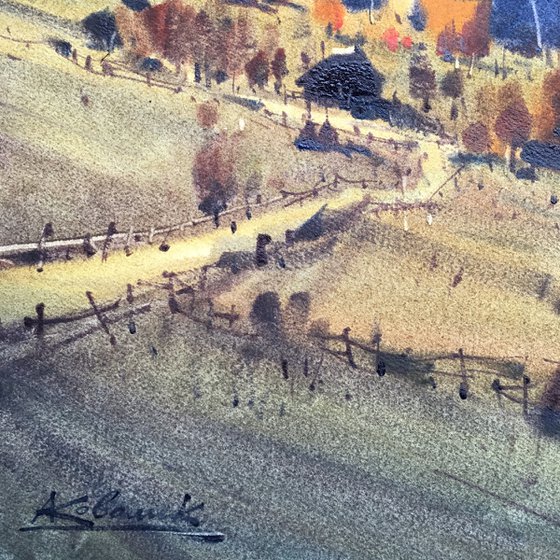 Watercolor autumn landscape in Carpathian